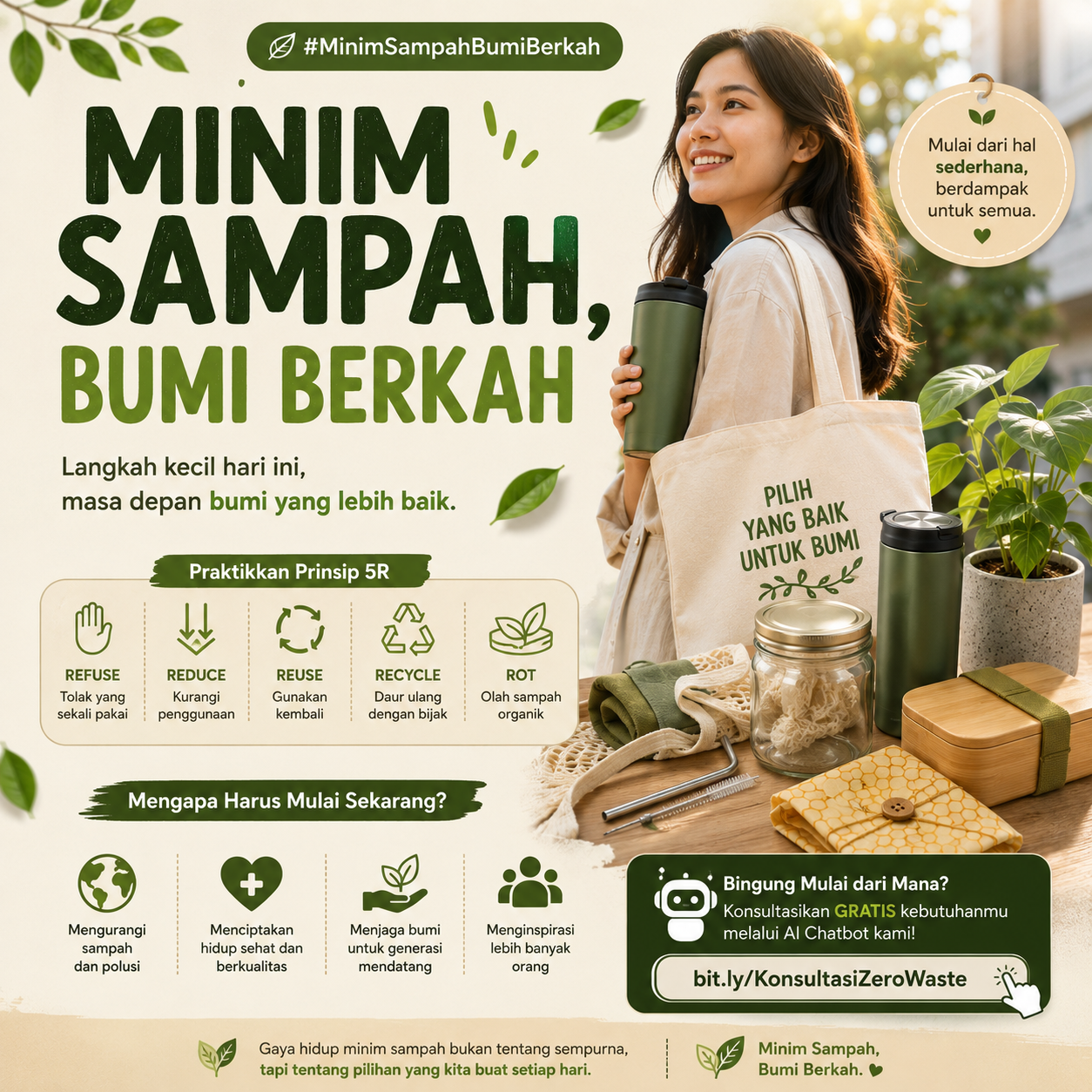 Poster kampanye Minim Sampah, Bumi Berkah: tumbler, tas kain, sedotan stainless, dan beeswax wrap